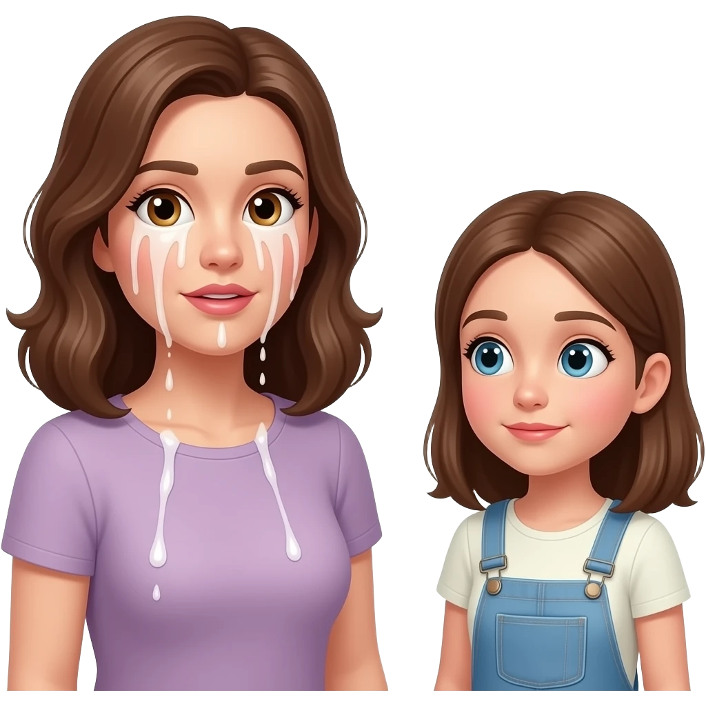 Mom has cum dripping all over her face, teen daughter watches emoji