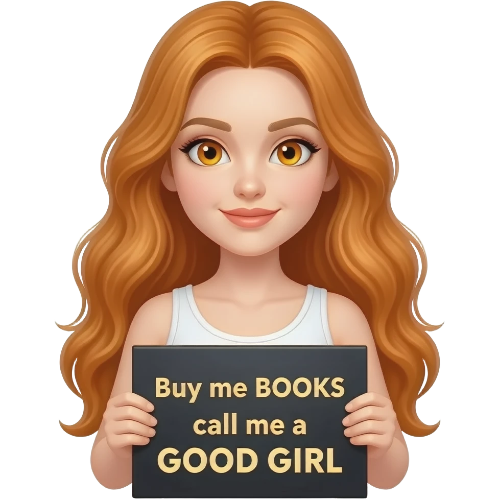 sexy girl with long wavy ginger hair and ginger eyes wearing a white tanktop is holding a black colored sign with Buy me BOOKS and call me a GOOD GIRL written on it emoji