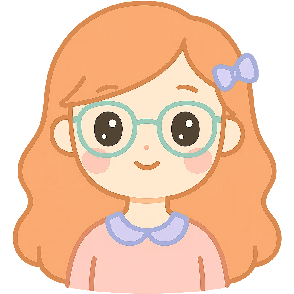 kawaii style portrait of a woman with long copper hair, fair skin, and glasses emoji