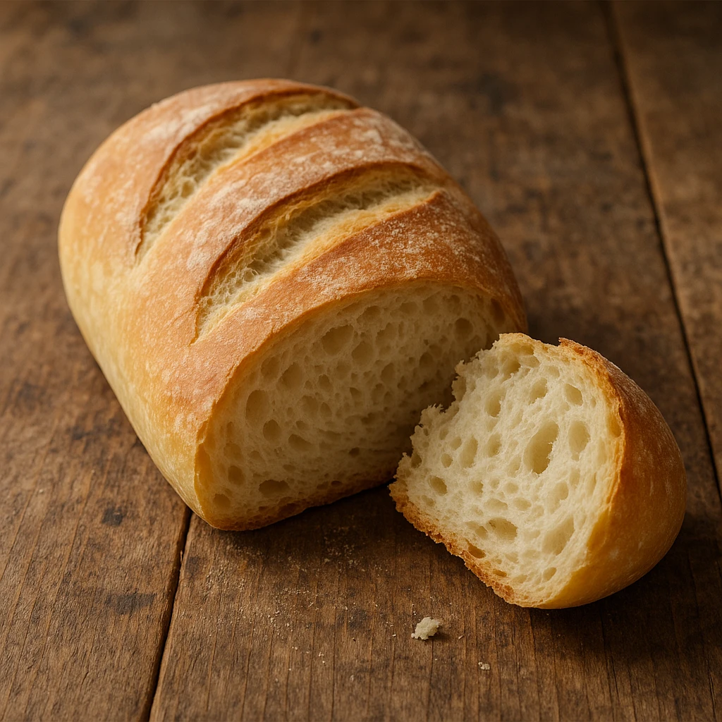 realistic Italian bakery style white bread, soft crust, fluffy interior, loaf with a torn piece revealing inside emoji