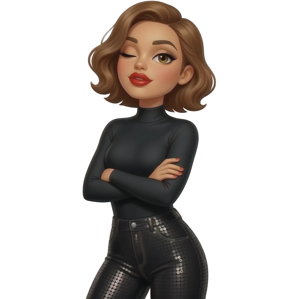 glamours,-tanned,-very-beautiful-woman-with-big-plump-red-lips,-long-long-lashes,-honey-silky-very short- hair,-wavy-hair,-hazel-eyes- wearing-black-Long-sleeved-bodysuit-and-black-sequinned-pants-eye-half-closed-with-pupils-up-&-mouth-closed-arms-crossed-throwing head back-waist-up emoji