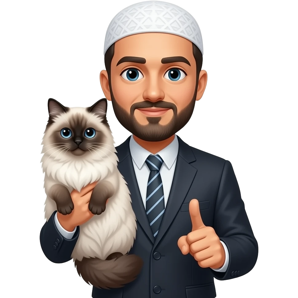 An albanian muslim man holding a ragdoll cat emoji