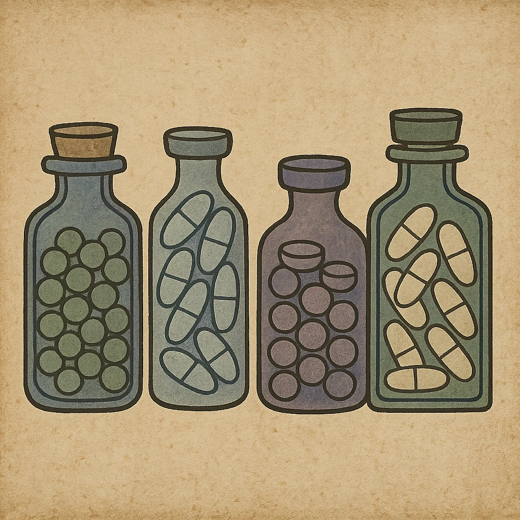 glass Bottles of medicine pills all of different colours emoji