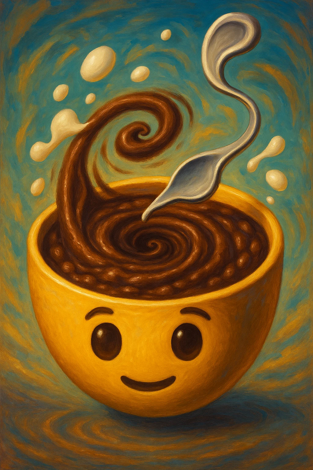 surreal emoji of champorado with spoon bending like Salvador Dalí, chocolate porridge swirling into a vortex, floating milk droplets, imaginative and dreamlike emoji