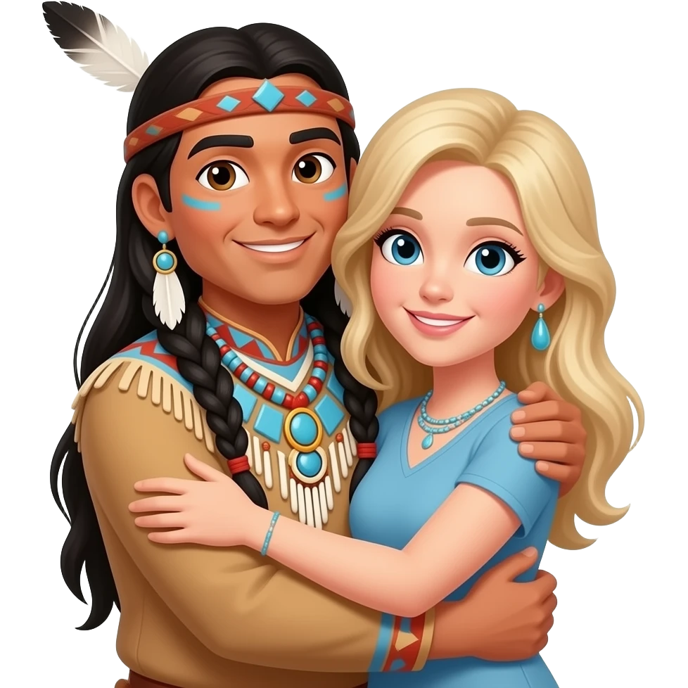 Native American man and white blonde woman hugging emoji