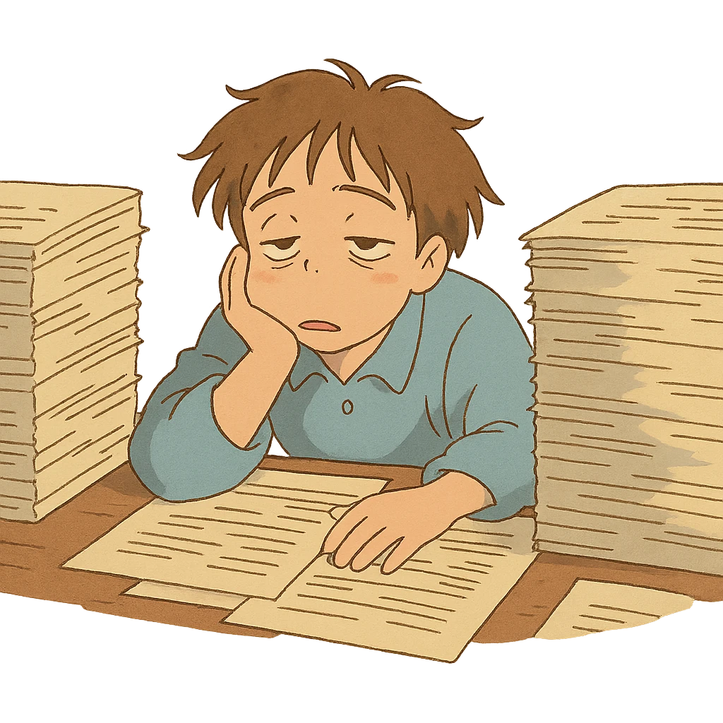 ghibli style illustration of someone surrounded by paperwork, looking sleepy emoji