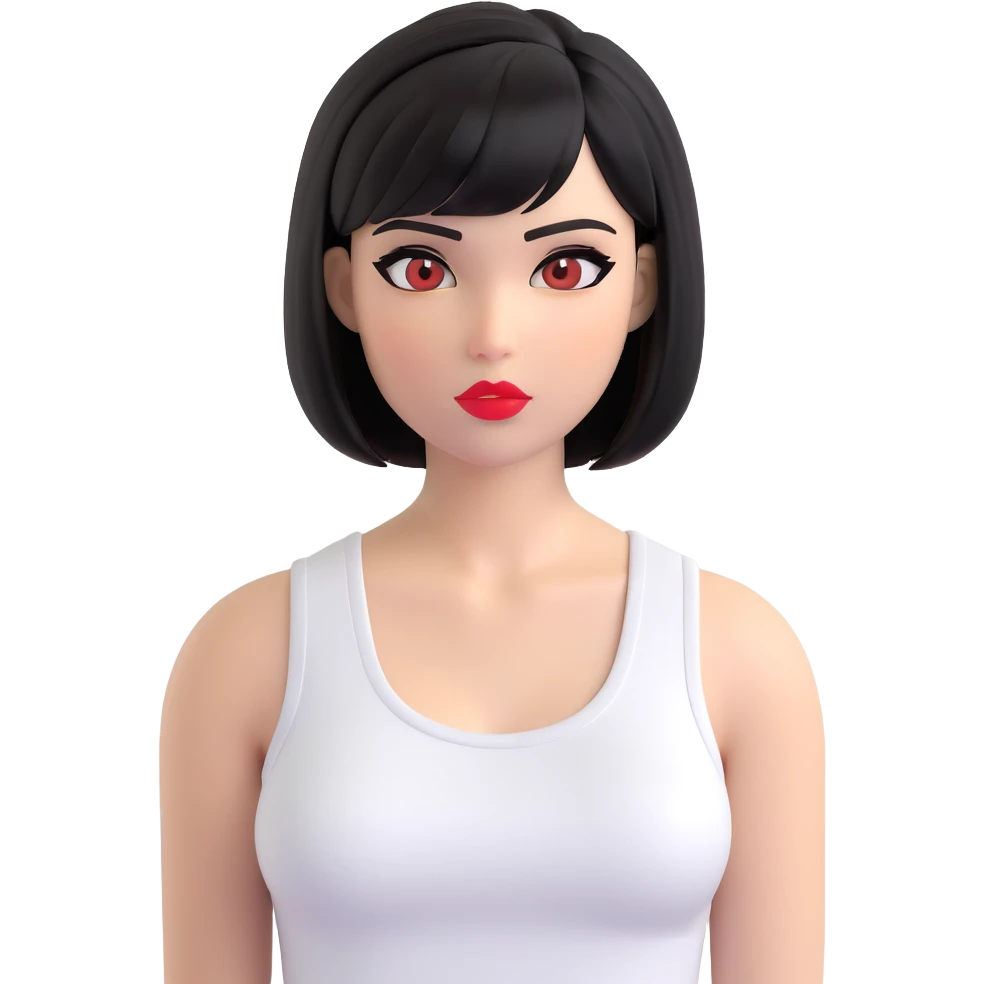A pretty girl with black straight bob hair. She has hazel eyes with black eyeliner. She has plump red lips. She is wearing a white tank top emoji