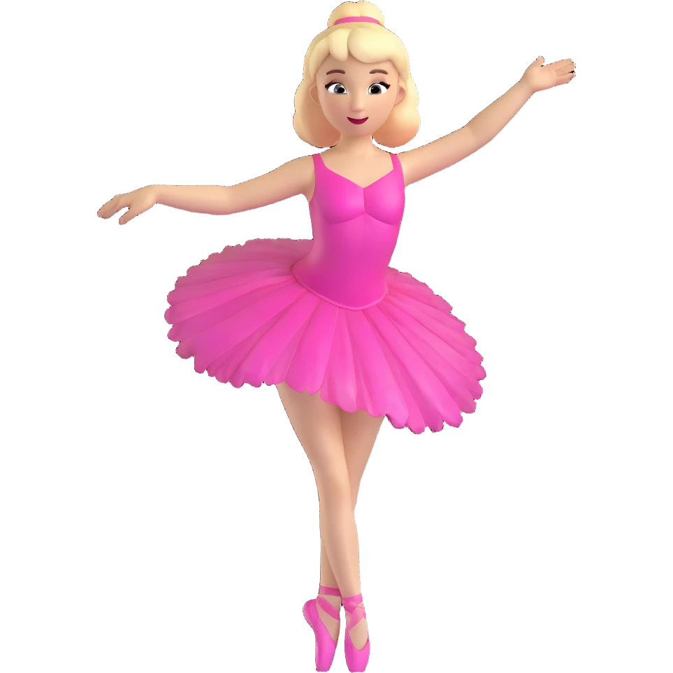 ballerina with blonde hair and white skin, playful pose, shiny costume, expressive face, 3D style emoji