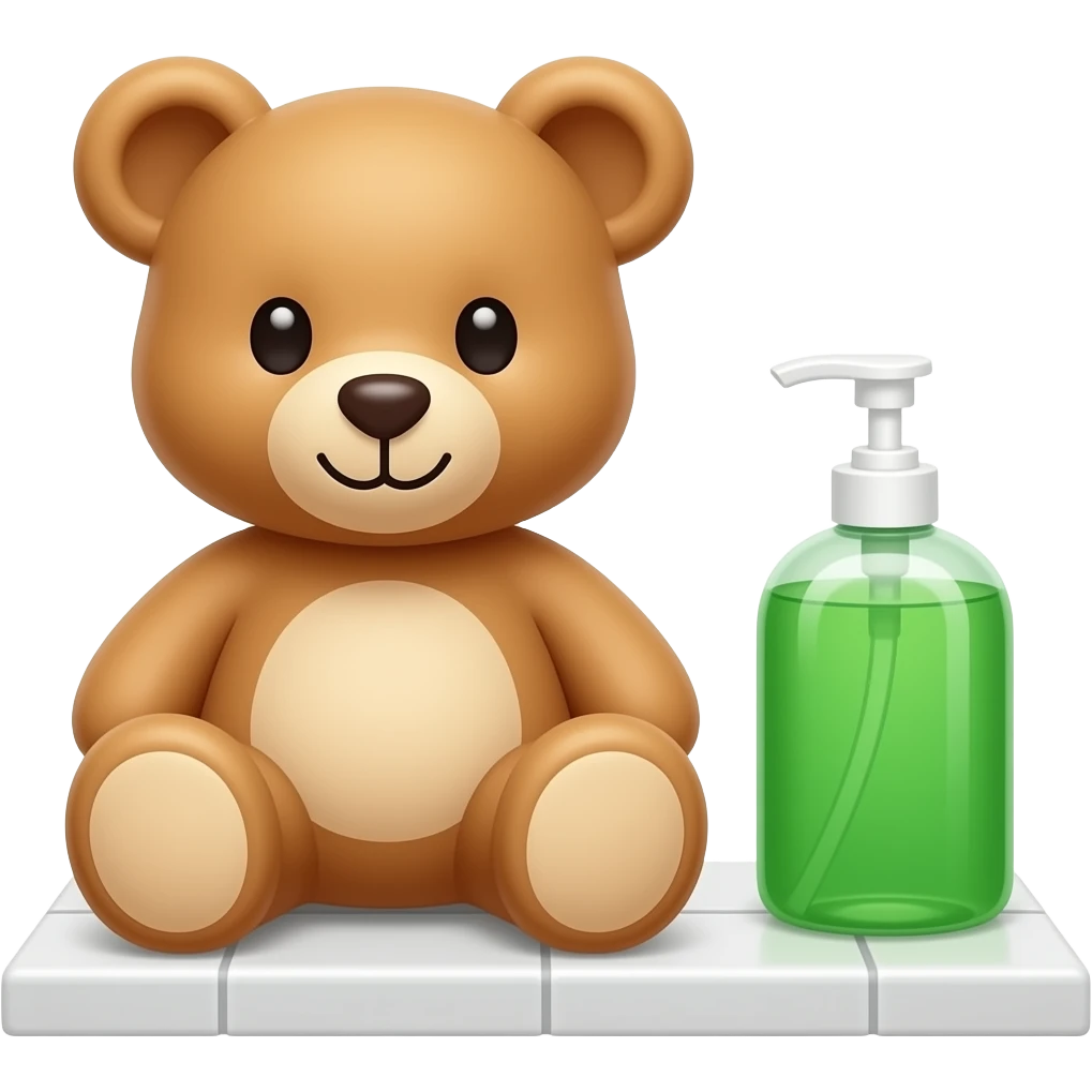 baby teddy bear next to green dish soap on a counter emoji