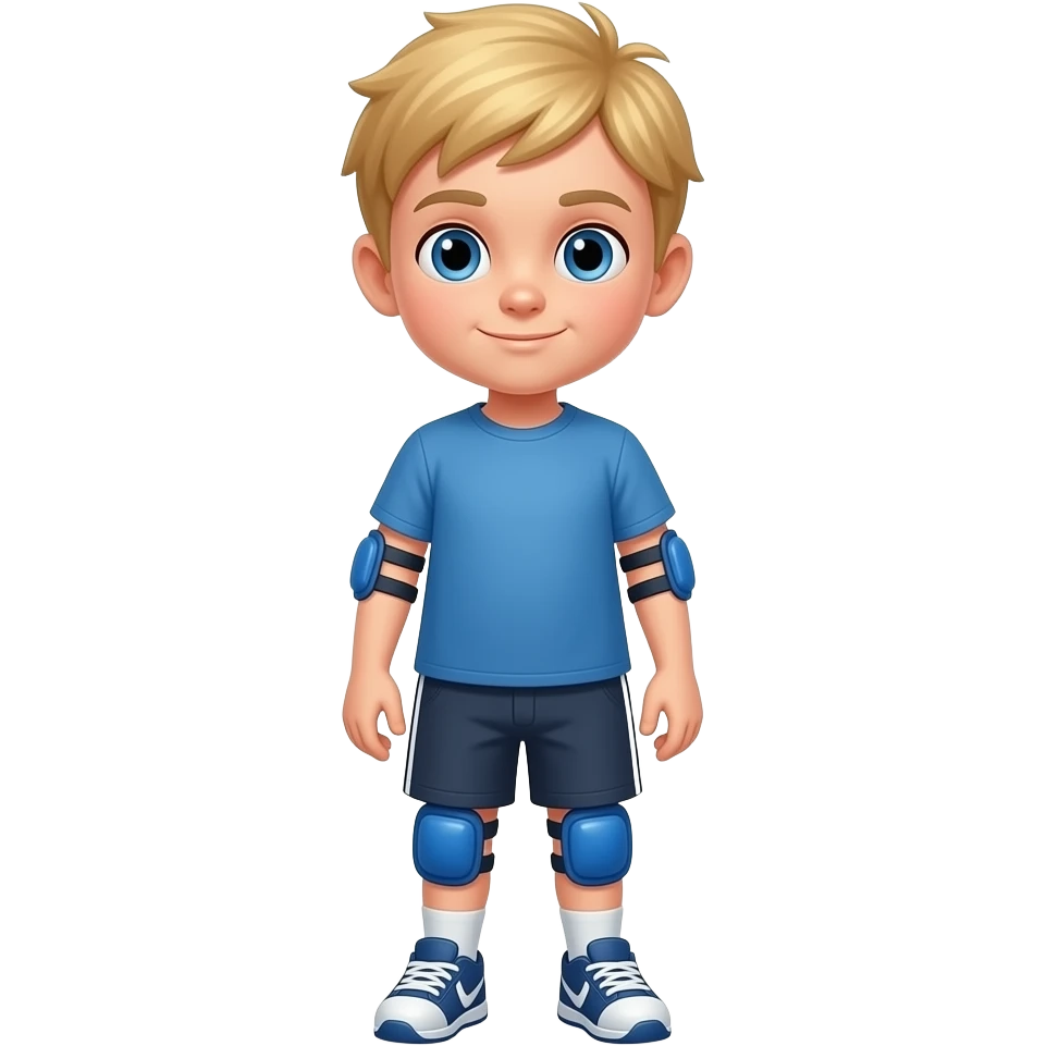 Child boy blonde hair, standing upright, wearing blue elbow pads and knee pads, ready-to-play expression, front-facing pose. emoji