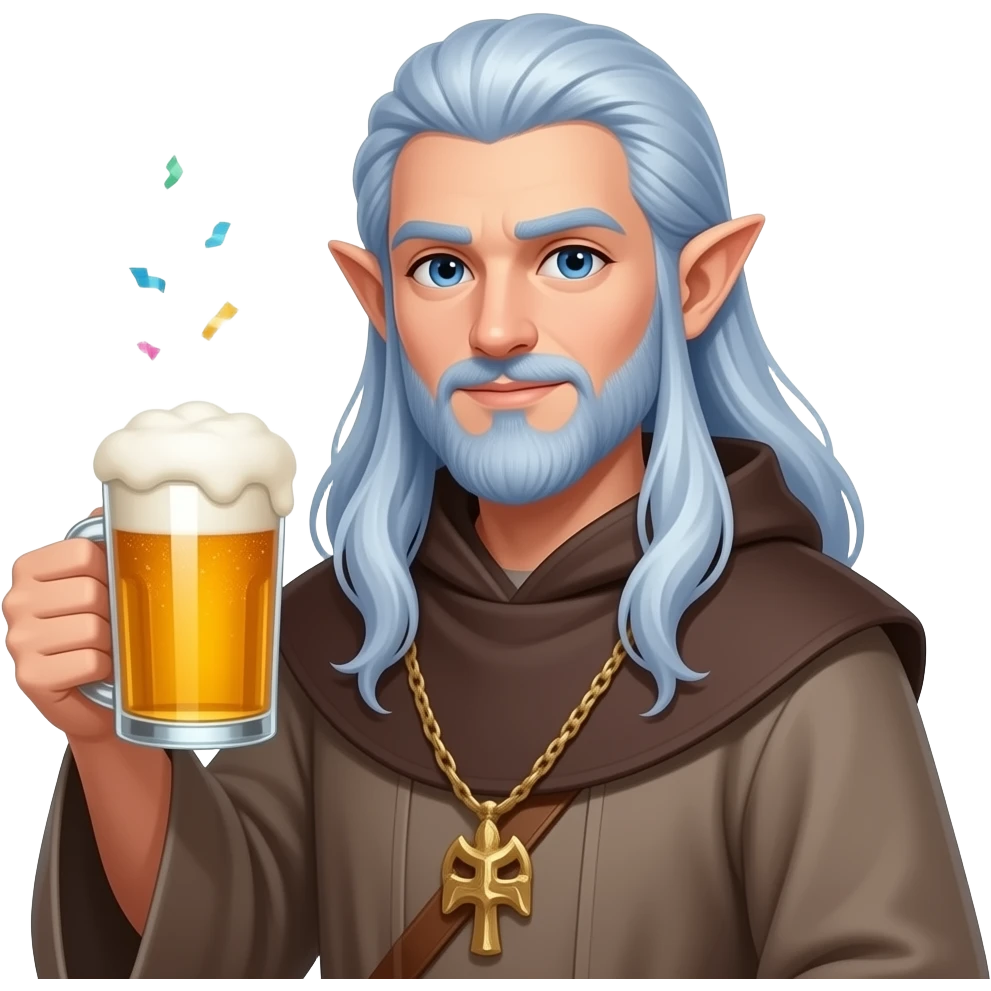 birthday celebration with male elf monk with long blue silver hair holding beer emoji