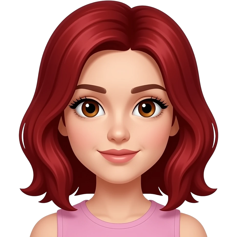 Uma menina branca, com cabelo médio vermelho cereja de olhos castanhos com cílios. Estilo iphone emoji