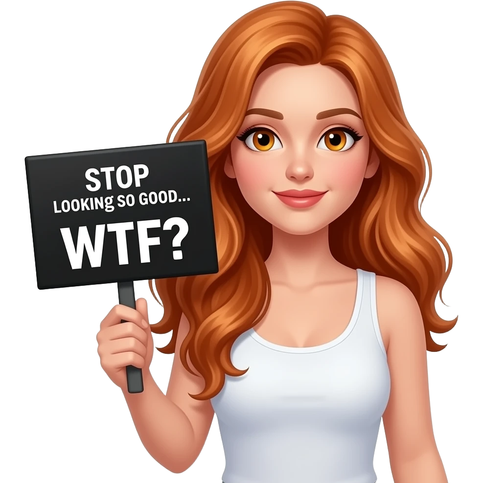 sexy girl with long wavy ginger hair and ginger eyes wearing a white tanktop is holding a black colored sign with STOP looking so GOOD... WTF written on it emoji