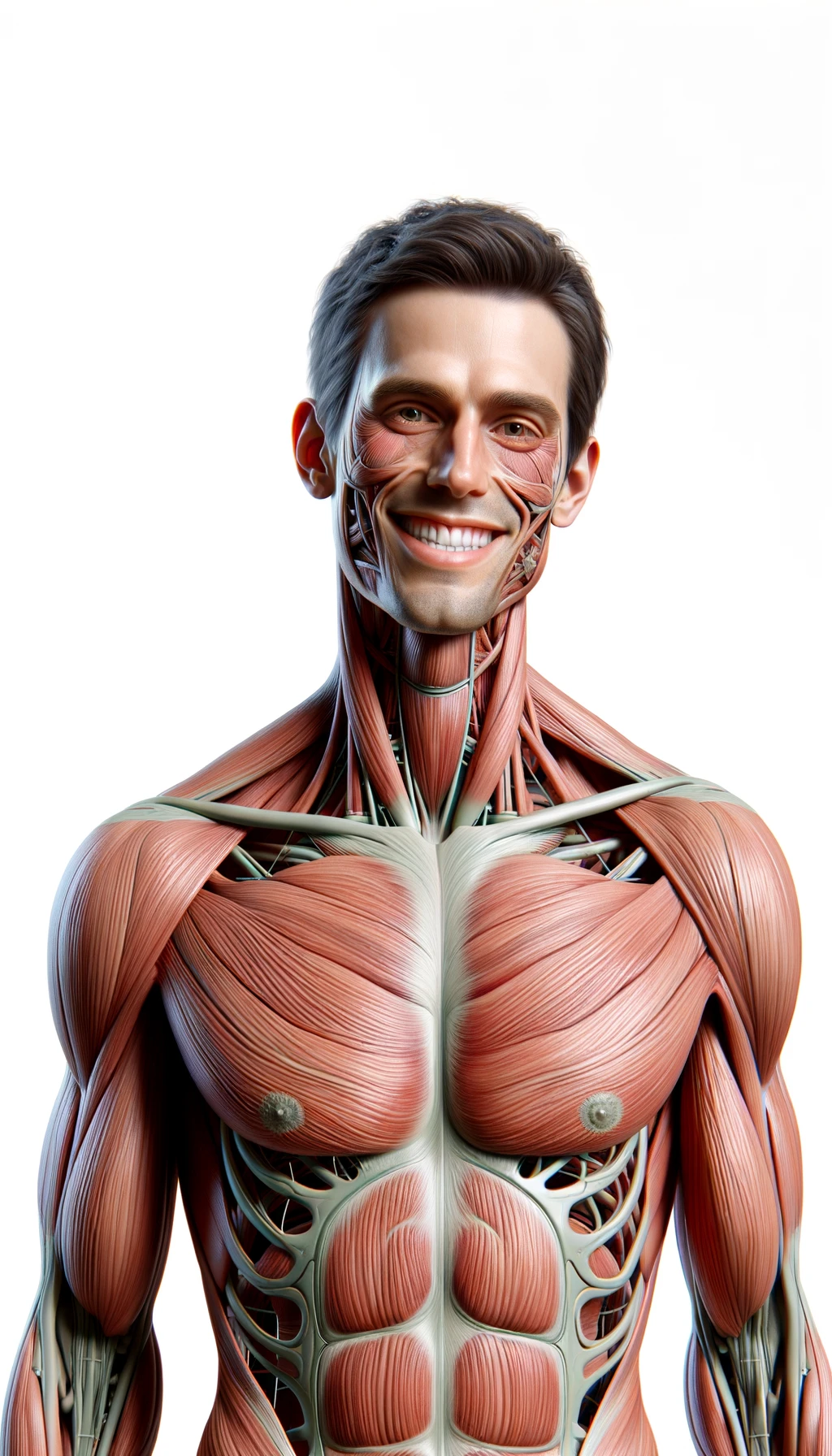 corpo umano anatomico a figura intera che sorride rilassato, iperrealistico 4k, isolato su sfondo bianco emoji