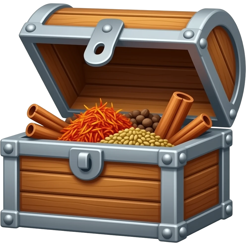Пустой от сокровищ сундук, открыт фронтально, с яркими специями и пряностями от которых буквально поднимается аромат emoji