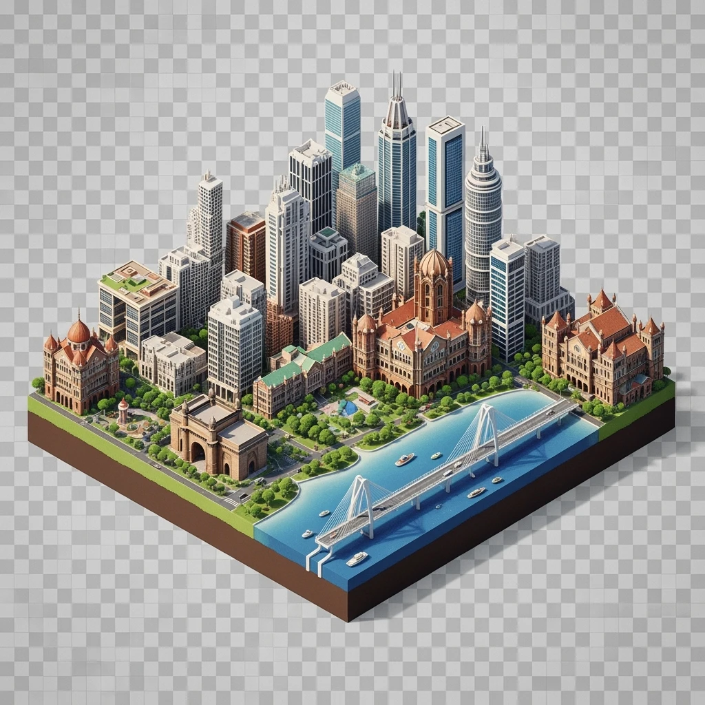 Isometric miniature of Mumbai city, featuring iconic landmarks like Gateway of India, Bandra-Worli Sea Link, Chhatrapati Shivaji Terminus,  clustered high-rises and skyscrapers, 3D miniature effect and Tilt Shift effect, no cartoonish look, transparent background.

 clustered high-rises emoji