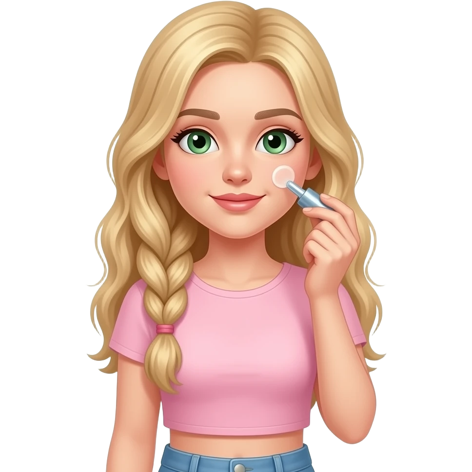 A blonde girl with long braided hair and green eyes, wearing a light pink cropped top, is applying facial serum to her face. emoji
