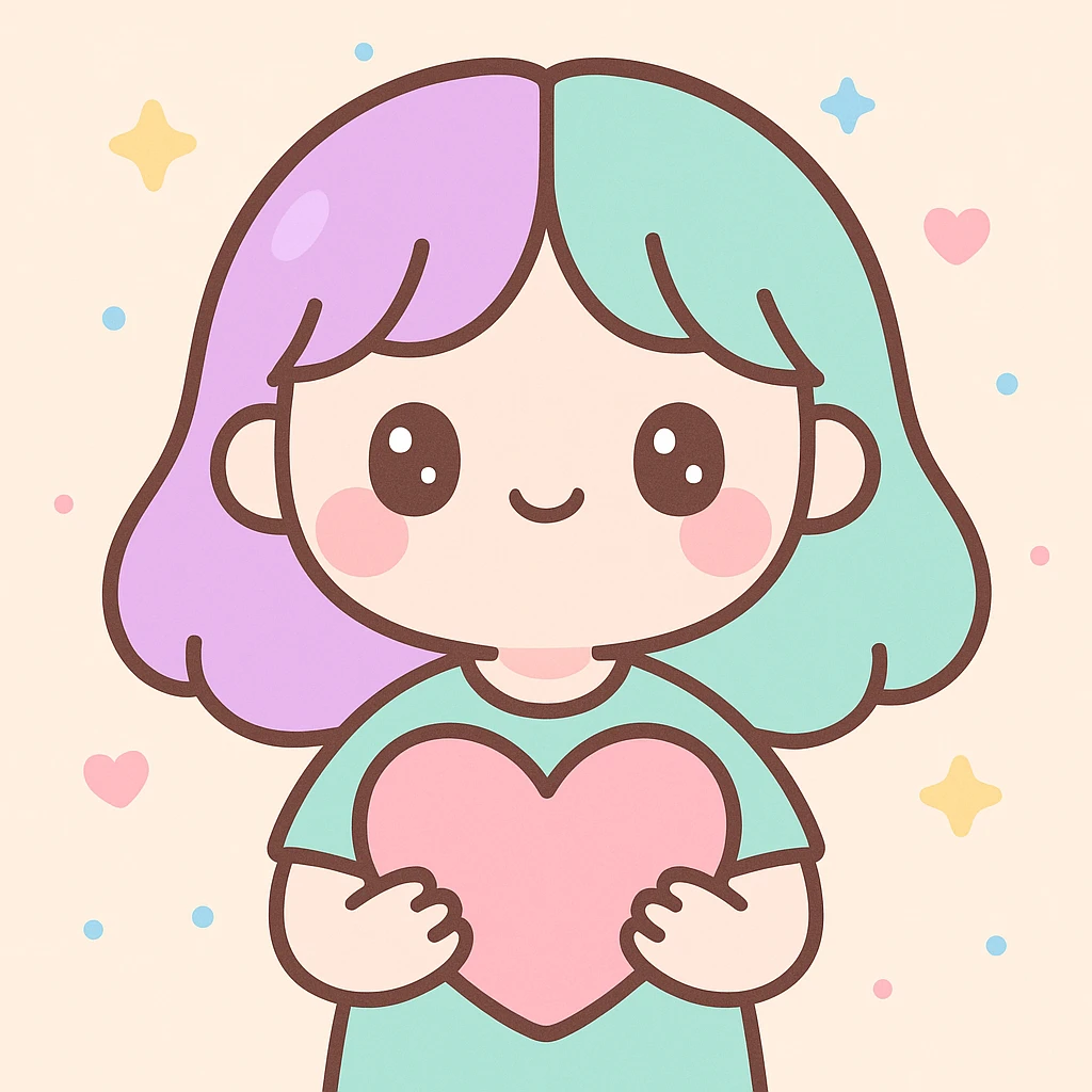 girl with half purple half green hair holding a heart, cute cartoon style emoji