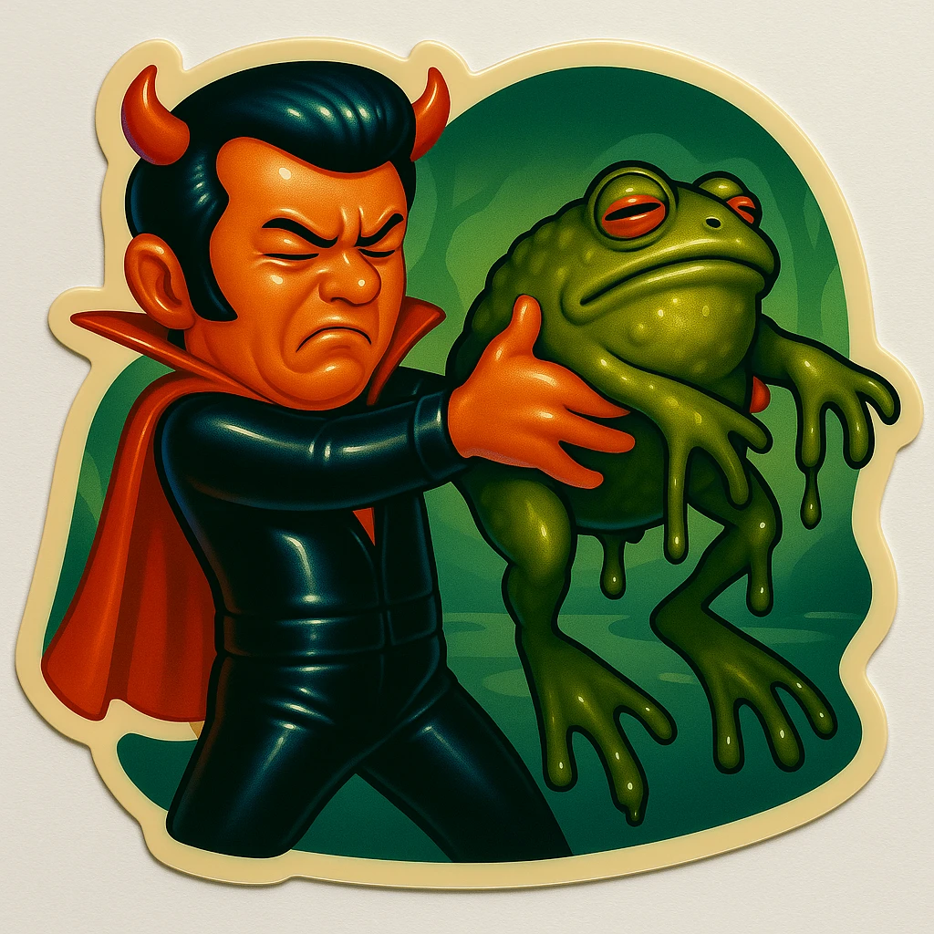 Render the attached image in retro sticker style with no transparent parts anywhere in the image. Keep the hellvis style with a black leather jumpsuit, short cape, and very tiny horns. Show hellvis holding the giant slimy toad away in disgust. Include a swampy background. No text and no transparency. emoji