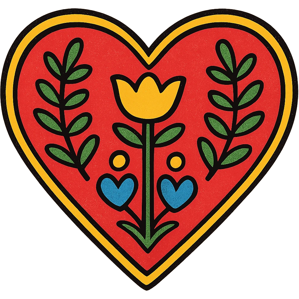 Red heart with a Scandinavian folk art nature motif. Use bright folk colors such as yellow, blue, green, and white for the motif. The design should be simple and bold with a black outline around the motif. Add a gold border around the heart. The motif should remain clear and distinct even at small sizes. Transparent background. emoji