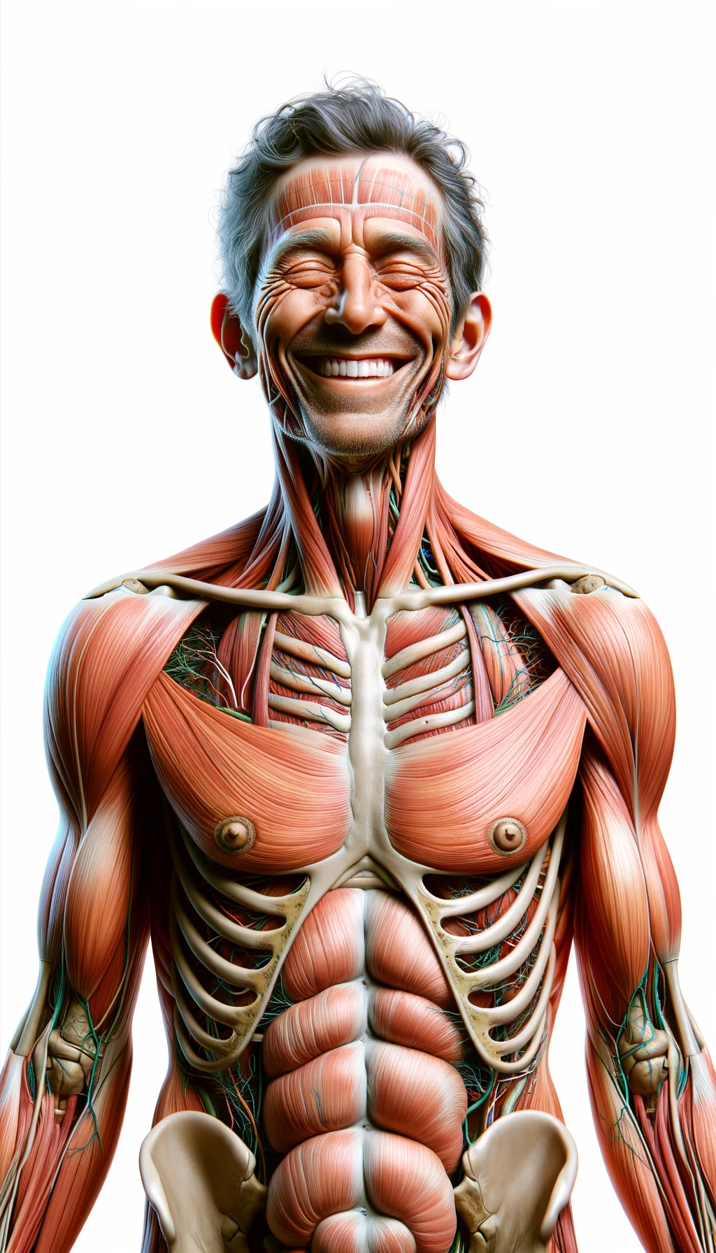 corpo umano anatomico a figura intera che sorride rilassato, iperrealistico 4k, isolato su sfondo bianco emoji