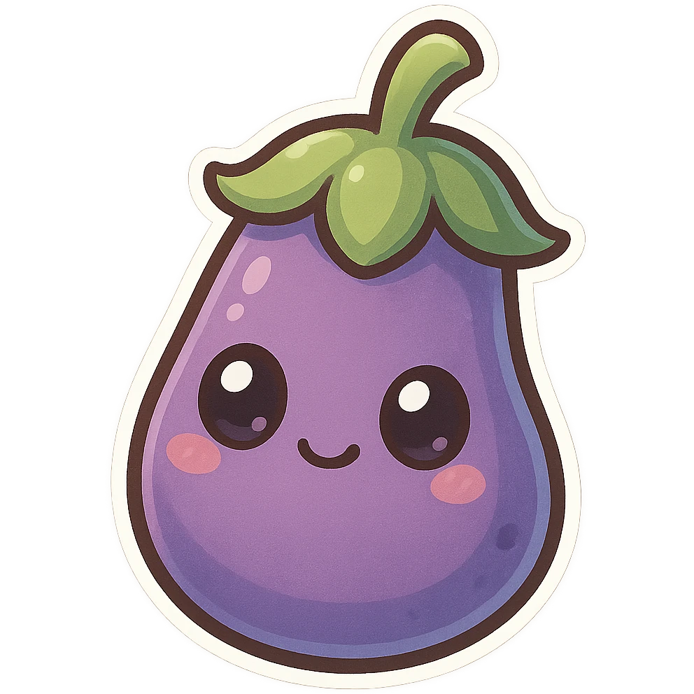 chibi sticker-style eggplant, cute and exaggerated emoji