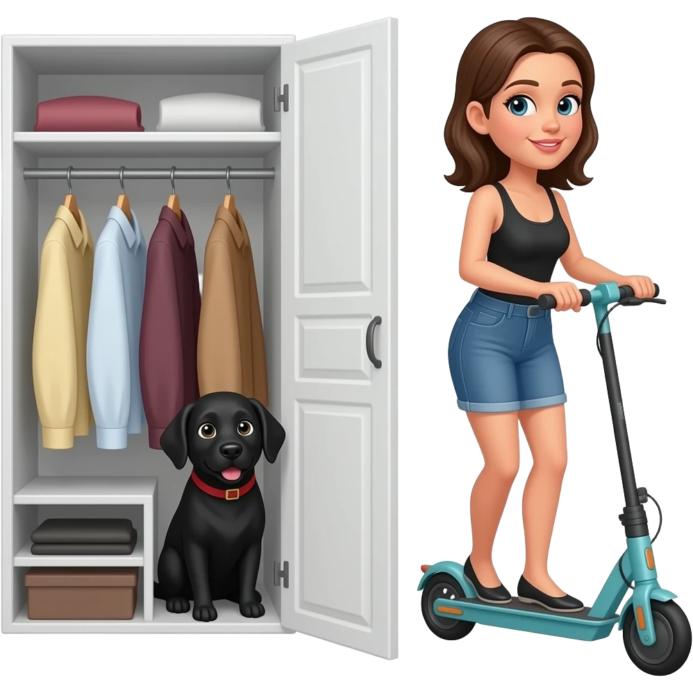 Black lab hiding in closet with black female owner on scooter emoji