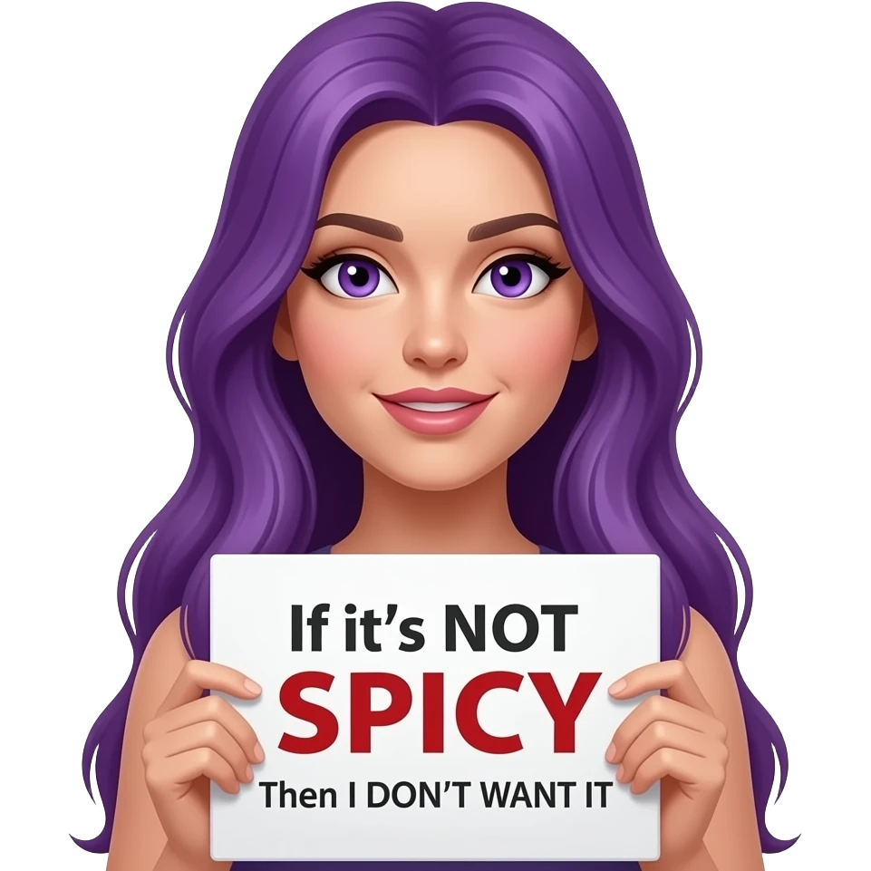 sexy girl with long purple hair and purple eyes holding a If it's NOT SPICY then I DON'T WANT IT sign emoji