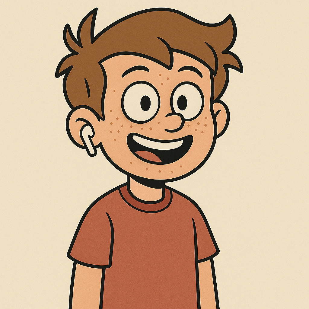 Add freckles to the boy's face and one AirPod in his right ear, keep the cartoon style consistent with flat toon style. emoji