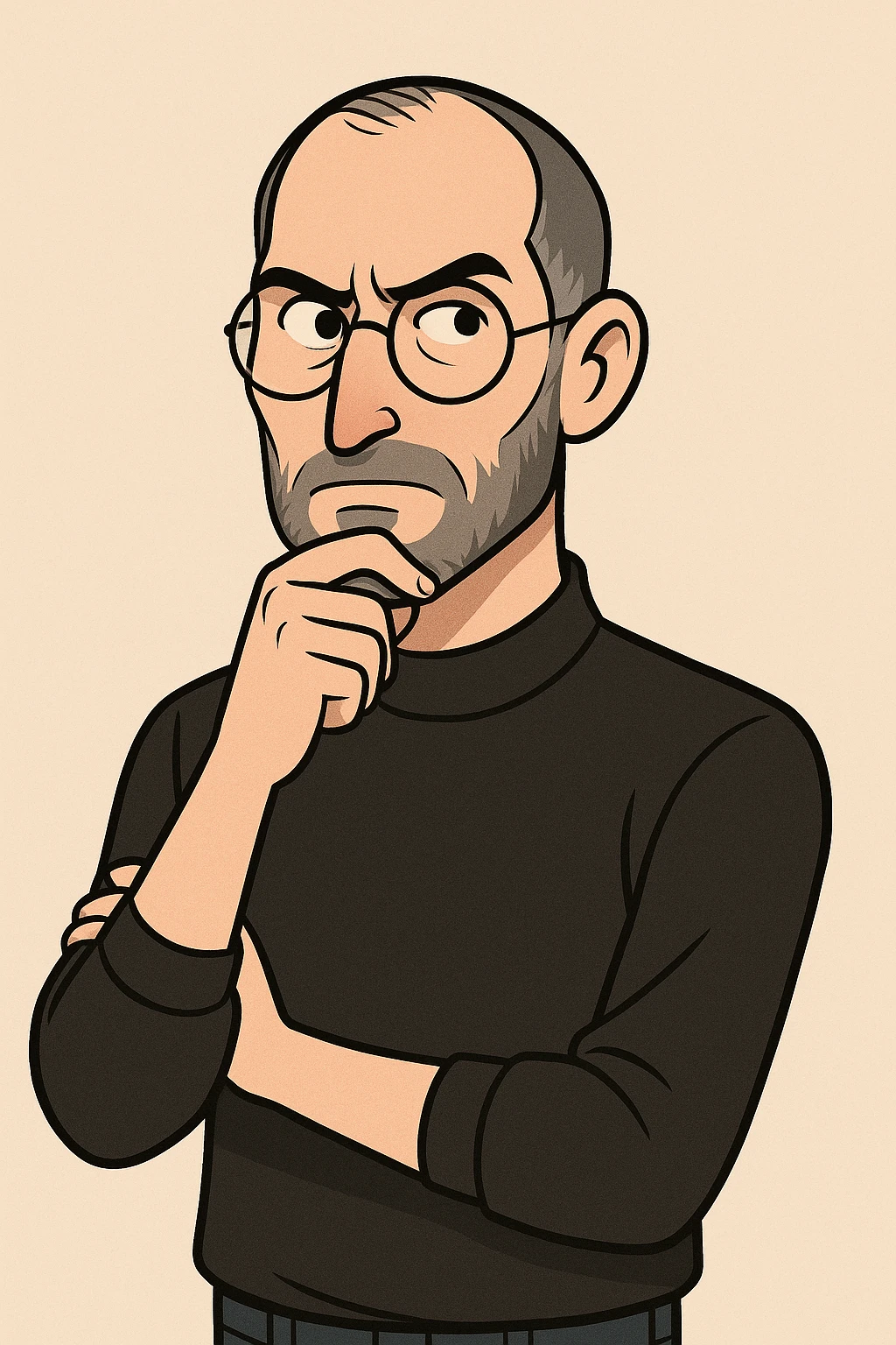 Steve Jobs in a thinking pose with hand on chin, creative genius vibe emoji