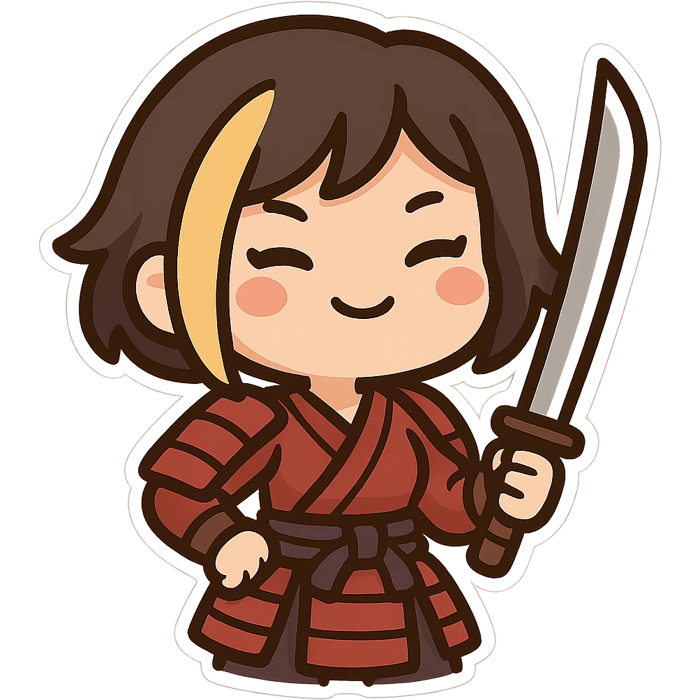 Convert this image to Twitch emoji format: chibi kawaii samurai girl with short hair and one streak of blonde in her hair, confident pose, simplified details, bold outlines, clear facial expression, transparent background, sized for Twitch emoji use. emoji