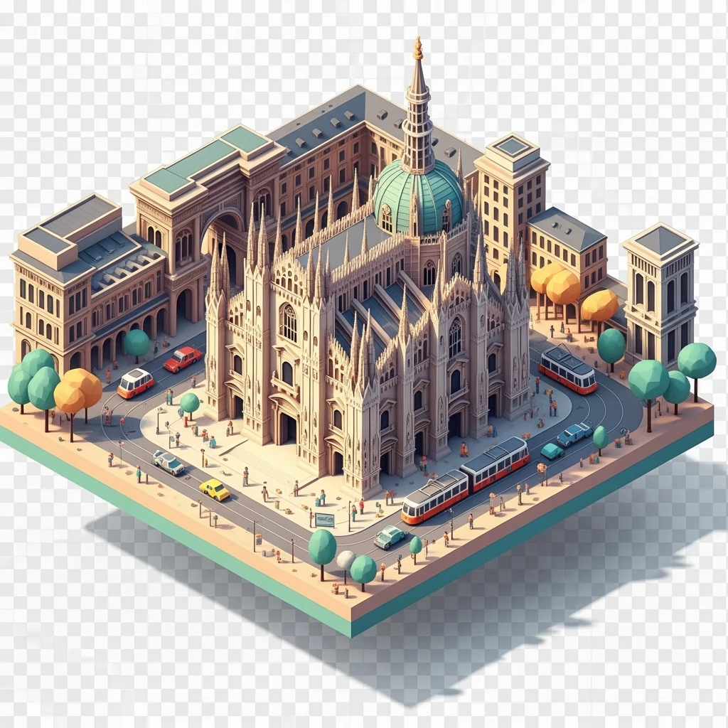 Isometric Milan with the Milan Cathedral (Duomo di Milano), toy-style elements, soft shadows, pastel diorama style, transparent background emoji