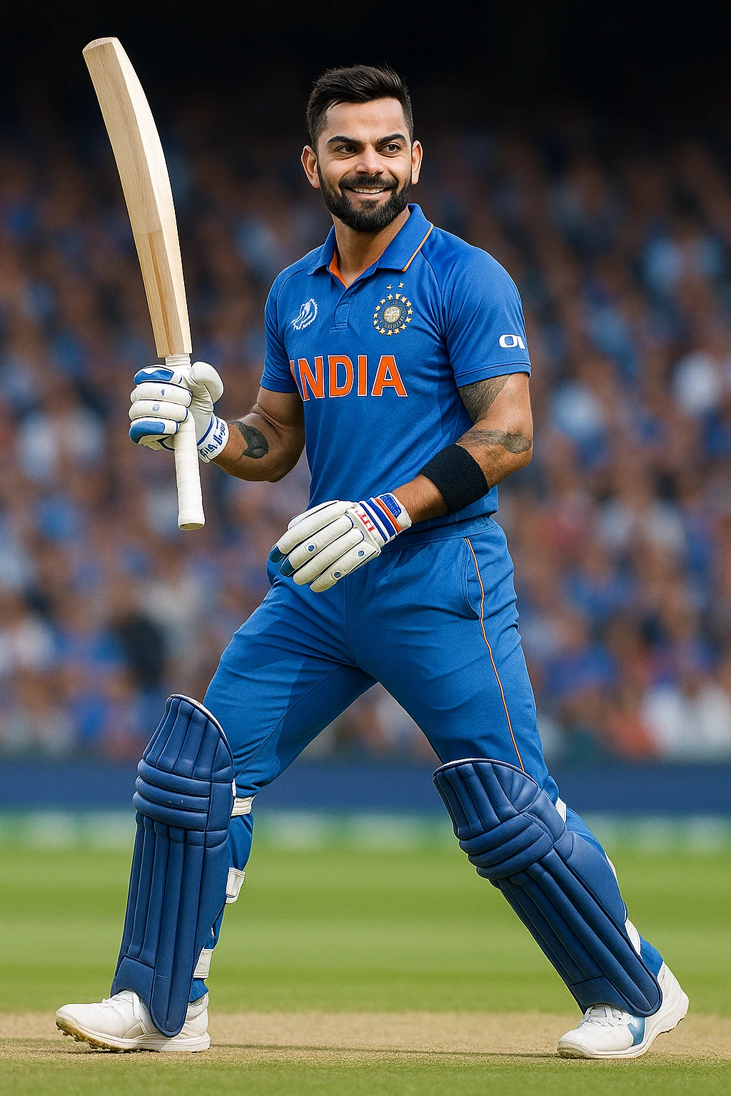 Virat Kohli, Indian cricket star, holding a bat, confident smile, blue cricket uniform, athletic build, dynamic stance emoji