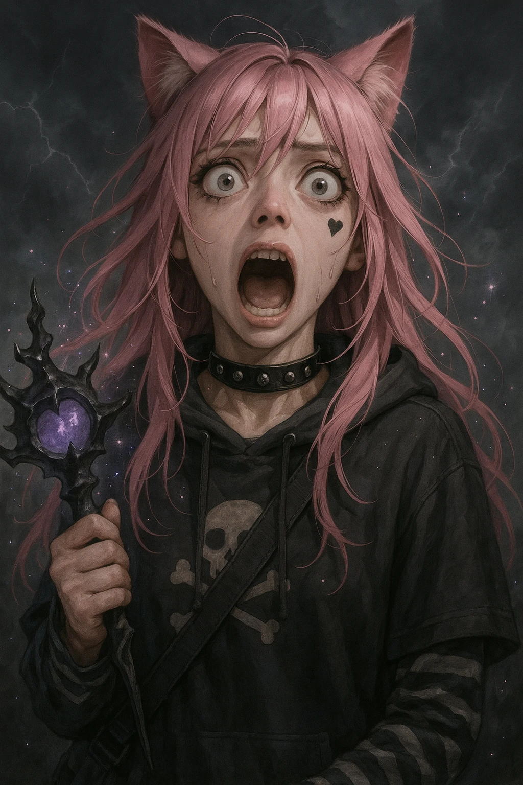 realistic anime catgirl with pink hair, emo streetwear, heart tattoo under left eye, dark magical accessory, sparkles, stormy background, classic horror movie scream face with mouth open, eyes wide in terror emoji