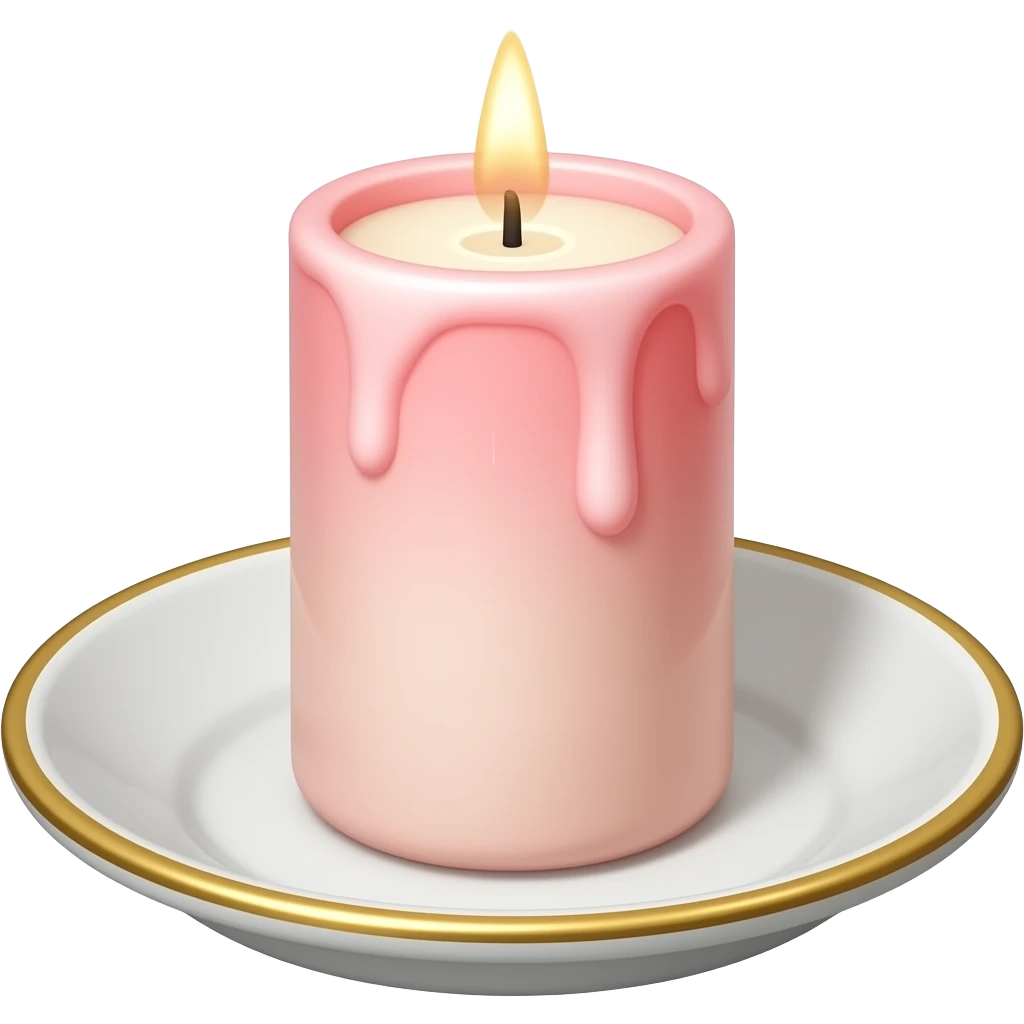 Thin tall neat petite cute slim dainty narrow Pastel Reddish-pinkish vintage candle on a tiny narrow gold and white plate emoji