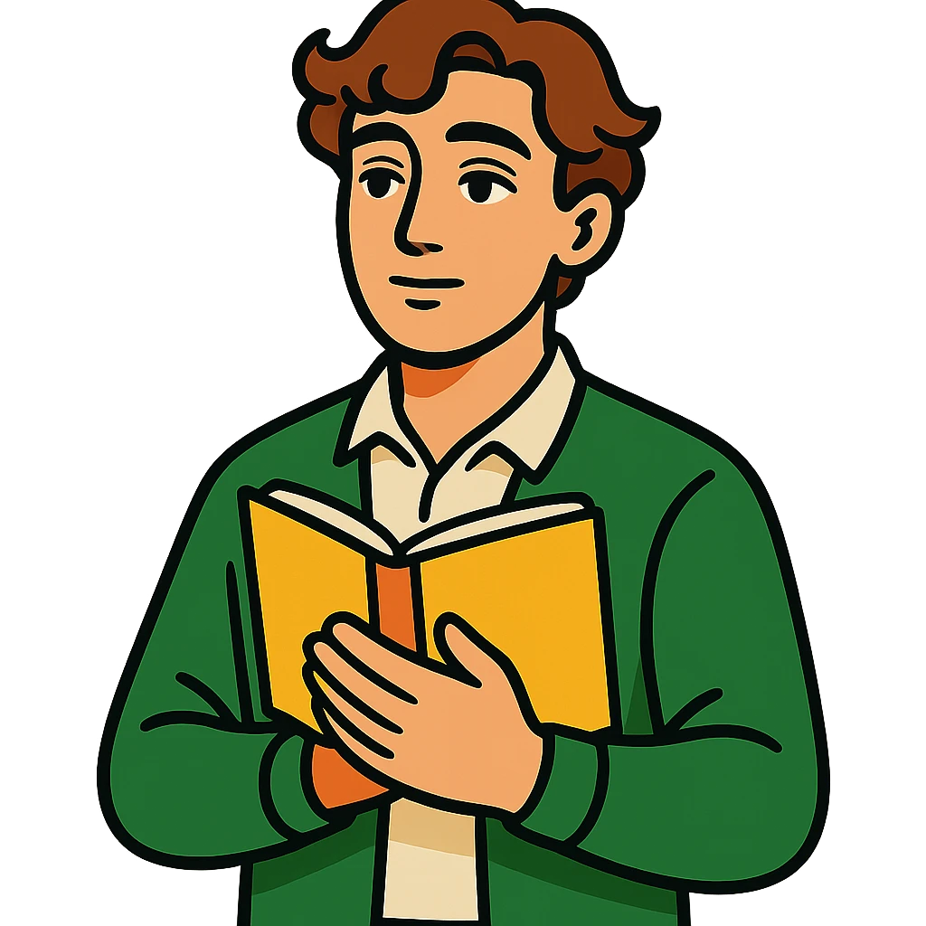 Calm and thoughtful male confidant, fair skin, soft wavy brown hair, gentle eyes, wearing a green cardigan over a light shirt, holding an open journal close to chest, waist-up, front-facing, pure background emoji