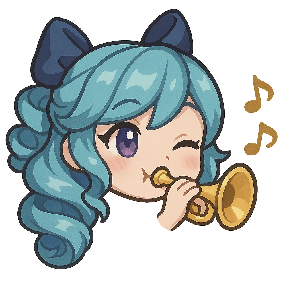 chibi style emote of Gwen from League of Legends, just the head, right eye purple, playing a trumpet, happy expression emoji