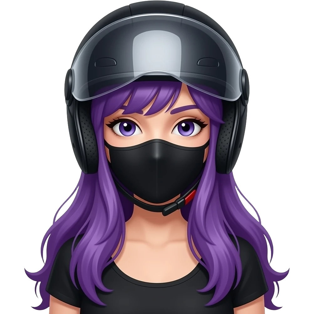 sexy girl with long purple hair wears black clothes with a helmet and a mask emoji