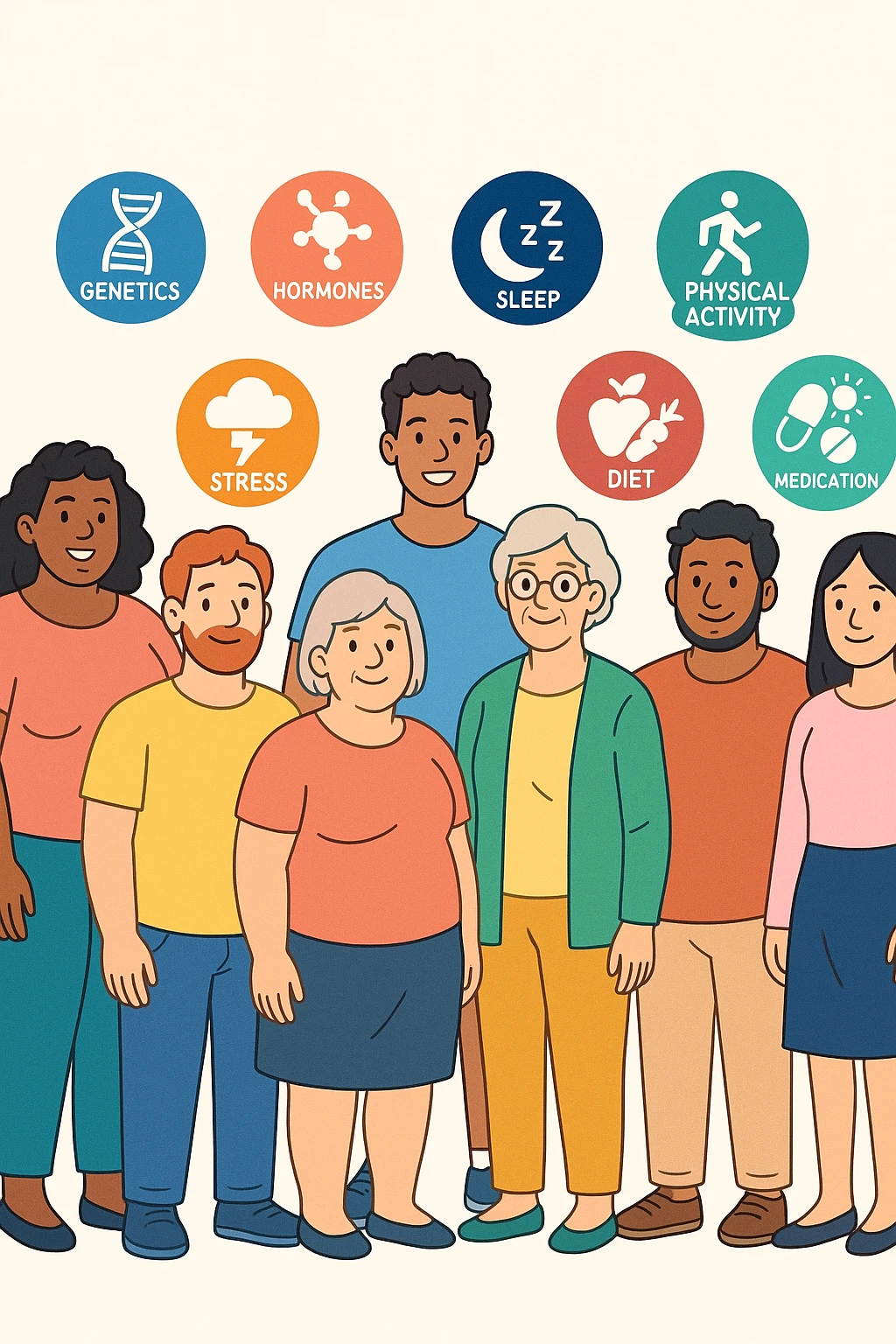 a diverse group of people of different body shapes, sizes, ages, and backgrounds stand together, each surrounded by floating icons representing factors like genetics, hormones, stress, sleep, physical activity, diet, medication, and environment. The mood is inclusive and informative, emphasizing that weight is influenced by many interconnected elements. emoji