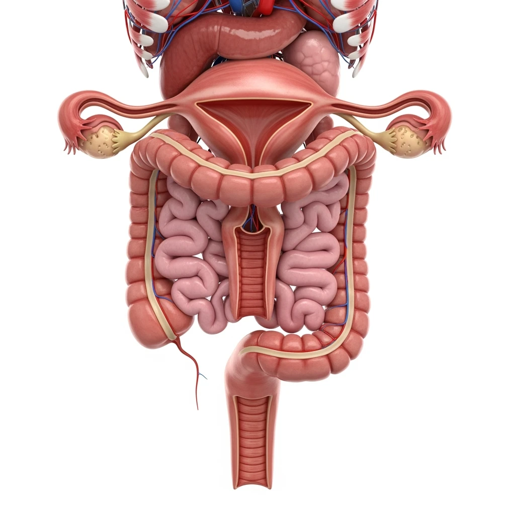UTERO UMANO ANATOMICO COLLEGATO AD INTESTINO, iperrealistico 4k, SFONDO BIANCO emoji