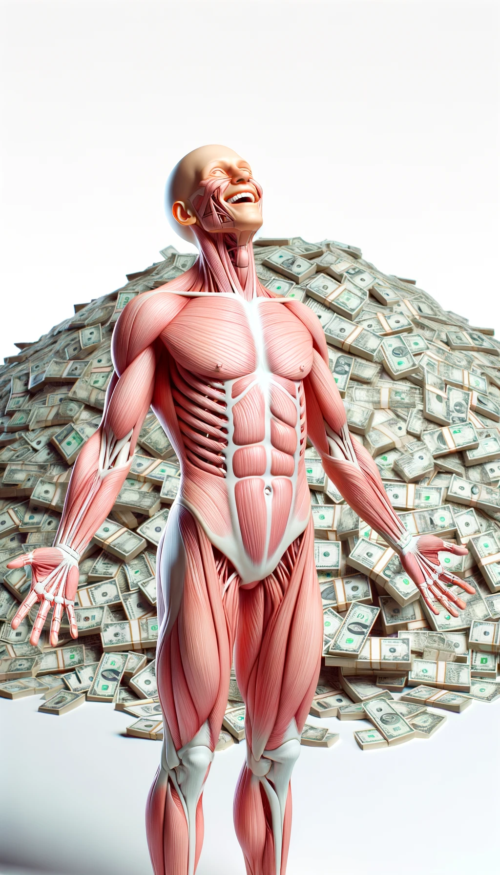 corpo umano anatomico sereno e felice con una montagna di soldi davanti, espressione stupita, iperrealistica 4k, isolato su sfondo bianco emoji
