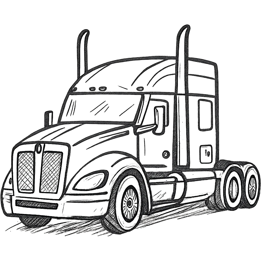 Make the 2026 Kenworth T680 Flattop truck look more hand drawn, with visible sketch lines and a loose, artistic feel, black with chrome stacks. emoji
