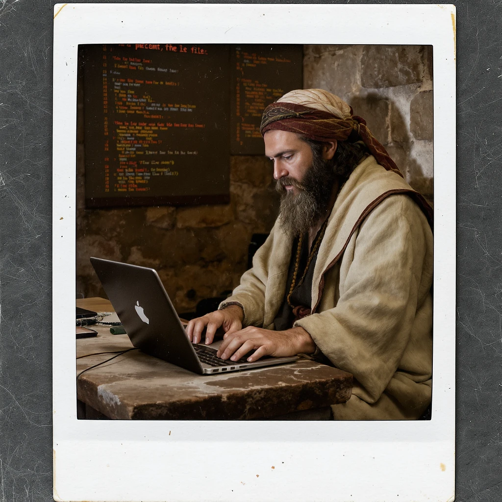 Old Slavic man programming on a stone laptop, with a beard and traditional attire, polaroid photo style emoji