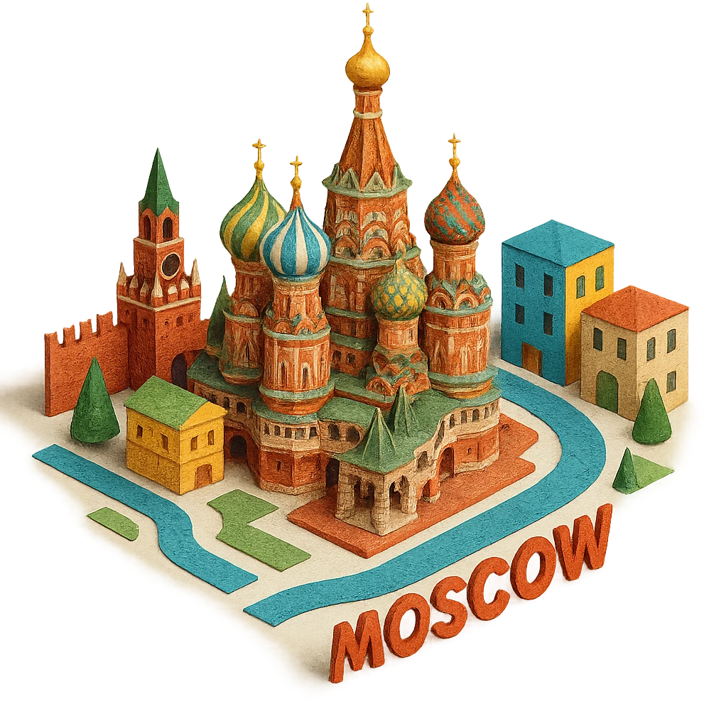 Isometric illustration of Moscow, featuring photorealistic Saint Basil's Cathedral with colorful onion domes, transparent background emoji