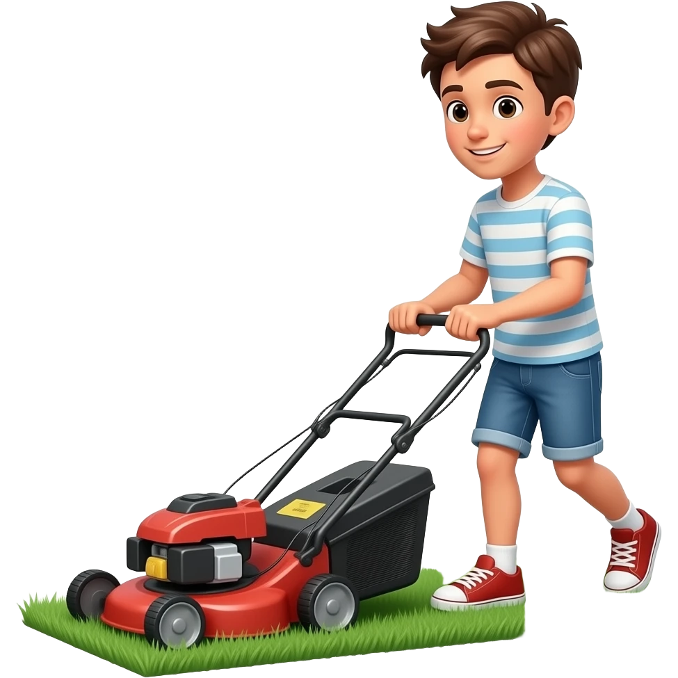 gen Z boy mowing the lawn with a lawn mower emoji