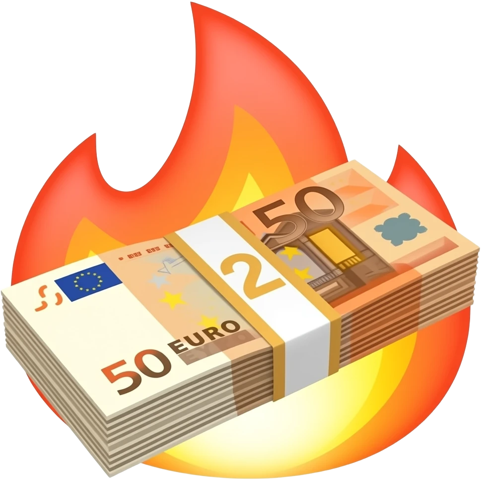 €50 banknote stack with iOS emoji-style flames, smooth rounded gradients, glossy highlights, polished 3D emoji aesthetic, crisp layered bill edges, transparent background. emoji