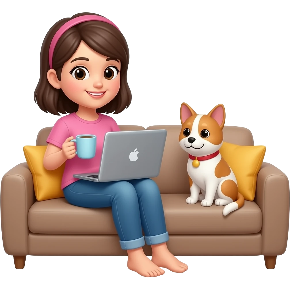 working from home in the sofa female computer and cup of coffoe comfy with a pet emoji