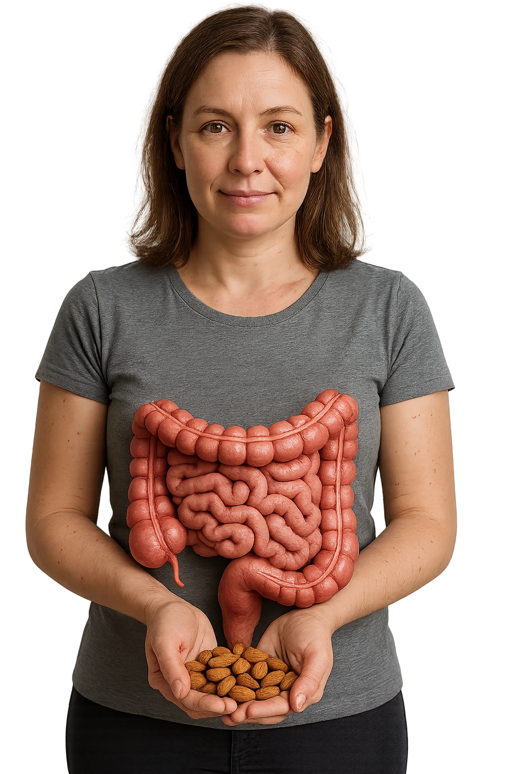 DONNA REALISTICA IN PIEDI CON INTESTINO UMANO ANATOMICO IN EVIDENZA CHE TIENE UNA MANCIATA DI MANDORLE NELLE MANI, iperrealistico 4k, SFONDO BIANCO emoji