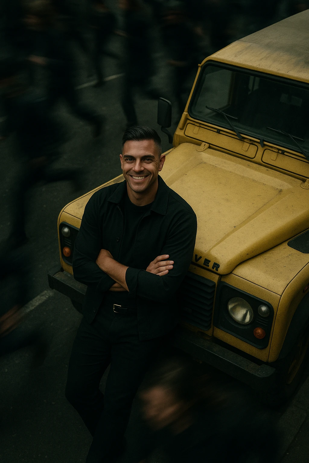 An aerial cinematic shot of me leaning against a yellow land rover defender on the street, wearing a t-shirt under a black jacket. A blurry crowd of people running around me. Gloomy lighting, 35mm film style, shallow depth of field, sharp focus on me.  emoji