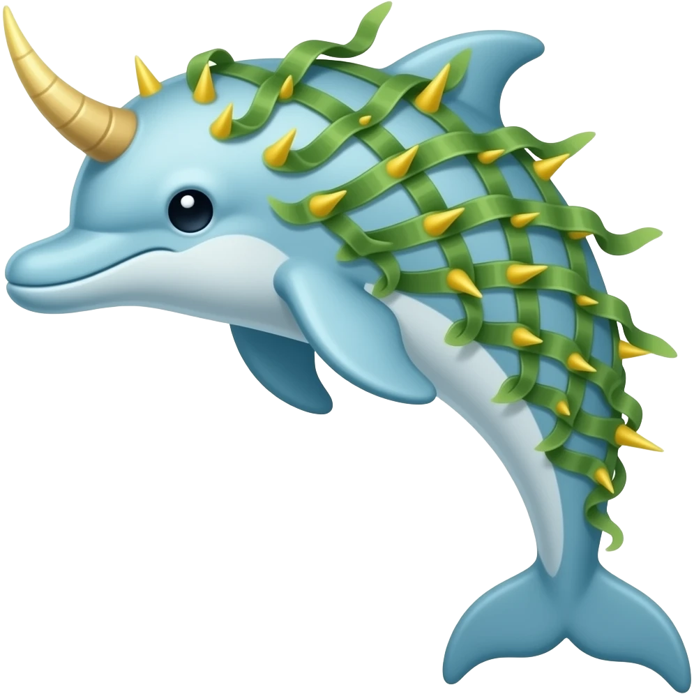 Kelphin A graceful light blue dolphin creature covered in ribbon-like seaweed with spikes and a horn. Pitch black eyes, yellow spikes. emoji